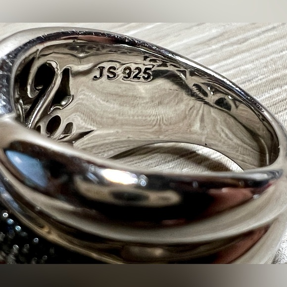 Designer Signed JS Sterling Silver Pavé Black Diamond Crossover Ring, Size 6 - Picture 7 of 10